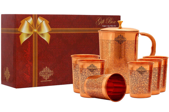 7-Piece Copper Jug Set with Floral Engraving – Pure Copper Drinkware Gift Box by Indian Art Villa