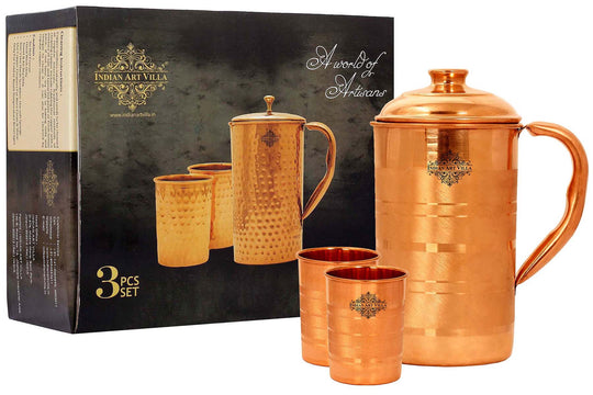 Shiny Copper Jug with 2 Tumblers – Indian Art Villa Handcrafted Luxury Set, Ideal for Gifting and Daily Use