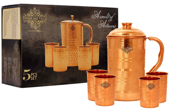 Shiny Copper Jug with 4 Tumblers – Indian Art Villa Handcrafted Luxury Set, Ideal for Gifting and Daily Use