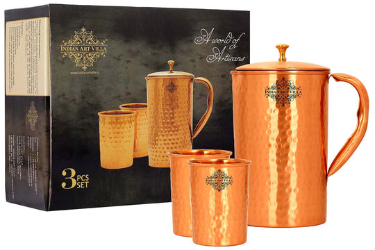 Copper water jug set with elegant hammered design – includes 2 glasses, lacquer coated, for home or office