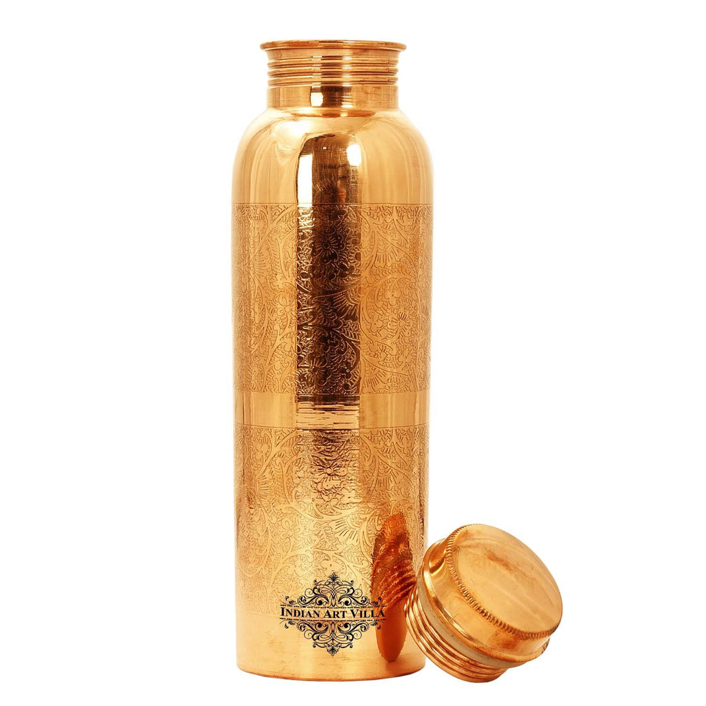 Indian Art Villa Set of Pure Copper Embossed Leak Proof Water Bottle & Two Glasses with a Gift Box, Drinkware