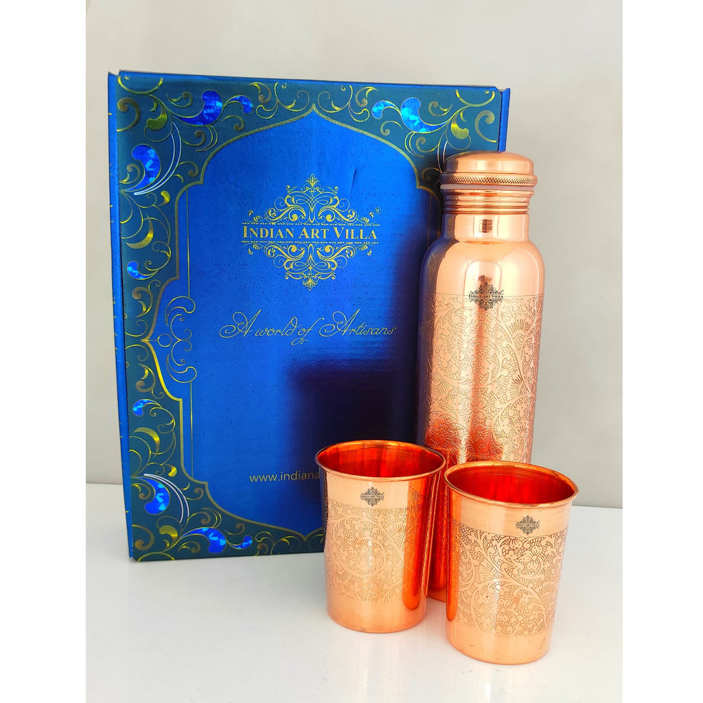 Indian Art Villa Pure Copper Drinkware Gift Set of Embossed Design 1 Bottle & 2 Glass With Royal Blue Gift Box