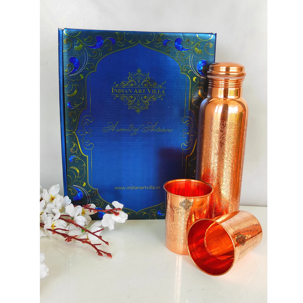 Indian Art Villa Pure Copper Drinkware Gift Set of Embossed Design 1 Bottle & 2 Glass With Royal Blue Gift Box