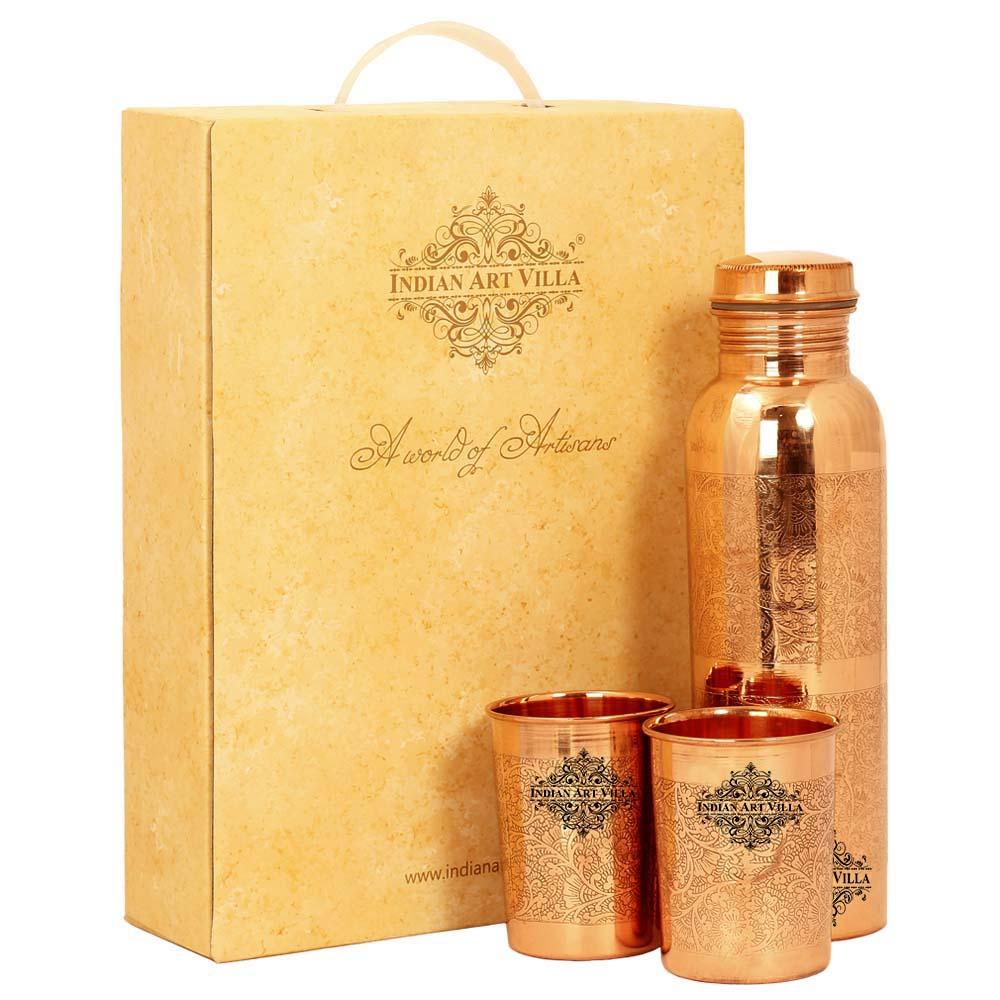 Indian Art Villa Set of Pure Copper Embossed Leak Proof Water Bottle & Two Glasses with a Gift Box, Drinkware