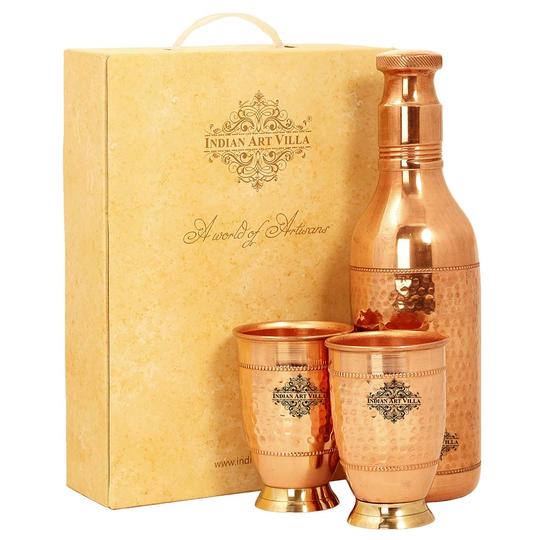 Set of Pure Copper Hammered Leak Proof Cocktail Water Bottle & Two Glasses with Brass Bottom with a Gift Box, Drinkware, Glass: 450 ml