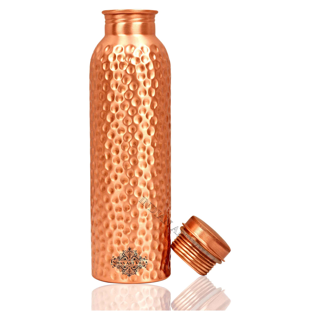Indian Art Villa Pure Copper Drinkware Gift Set of Hammered Matt Finish Design 1 Bottle & 2 Glass With Pastel Yellow Gift Box
