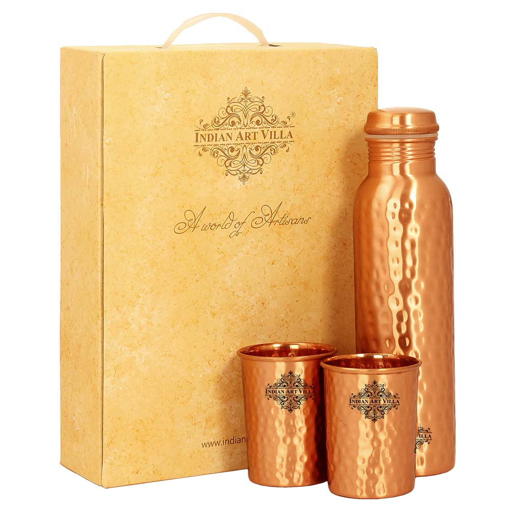 Indian Art Villa Pure Copper Drinkware Gift Set of Hammered Matt Finish Design 1 Bottle & 2 Glass With Pastel Yellow Gift Box
