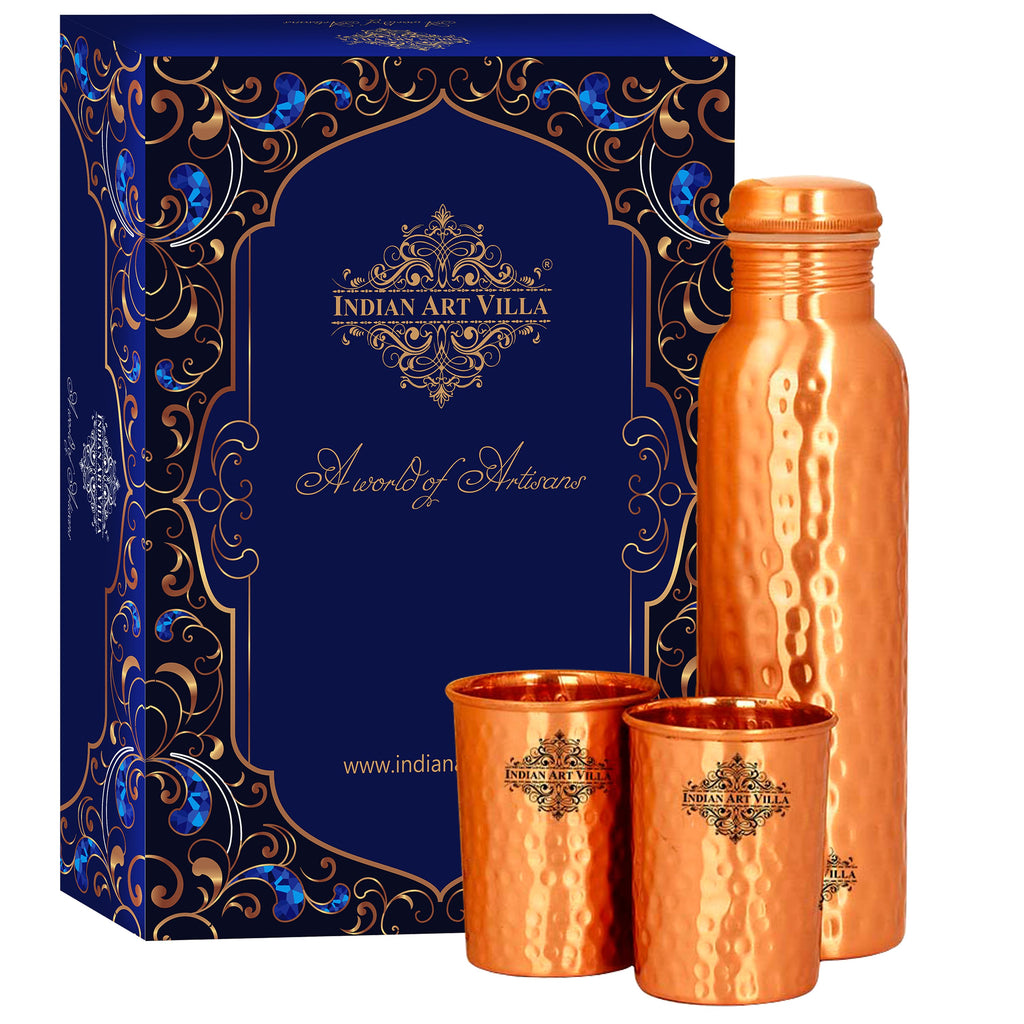 Indian Art Villa Pure Copper Drinkware Gift Set of Hammered Matt Finish Design 1 Bottle & 2 Glass With Royal Blue Gift Box, Gift item for Diwali, Bithday & Parties