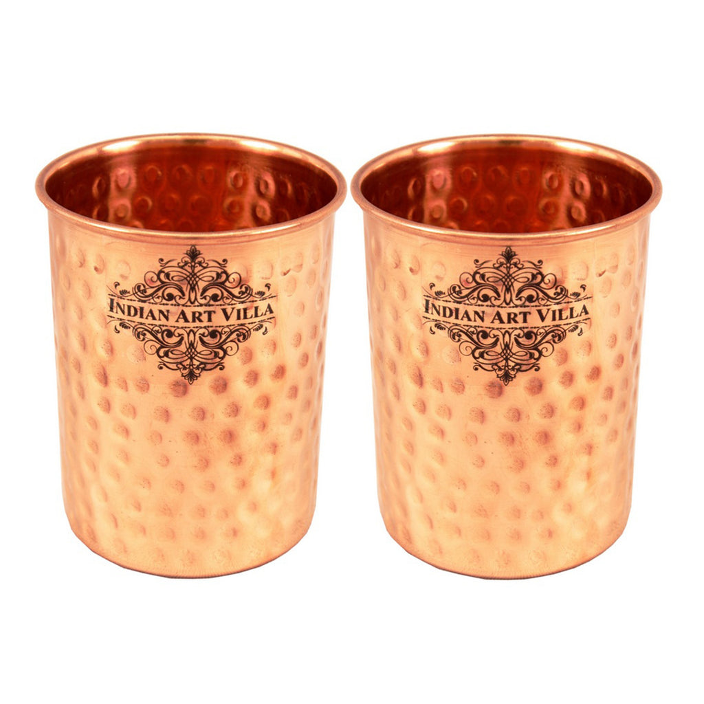 Indian Art Villa Set of Pure Copper Hammered Leak Proof Water Bottle & Two Glasses with a Gift Box, Drinkware, Glass: 300ml Each