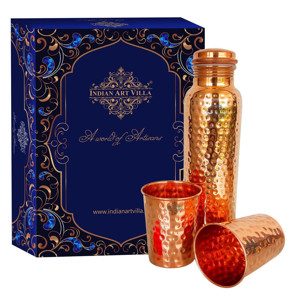 Indian Art Villa Pure Copper Drinkware Gift Set of Hammered Design 1 Bottle & 2 Glass With Royal Blue Gift Box, Gift item for Diwali, Bithday & Parties
