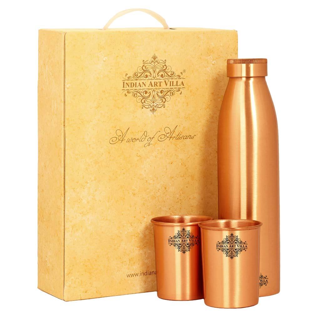 Indian Art Villa Pure Copper Drinkware Gift Set of Seamless Design 1 Bottle & 2 Glass With Royal Blue Gift Box, Gift item for Diwali, Bithday & Parties