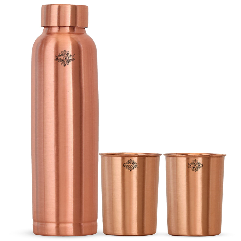 Set Of Pure Copper Matt Finish Lacquer Coated  Water Bottle & 2 Glasses With Blue Gift Box, Drinkware, Bottle : 900ml, Glass: 300ml