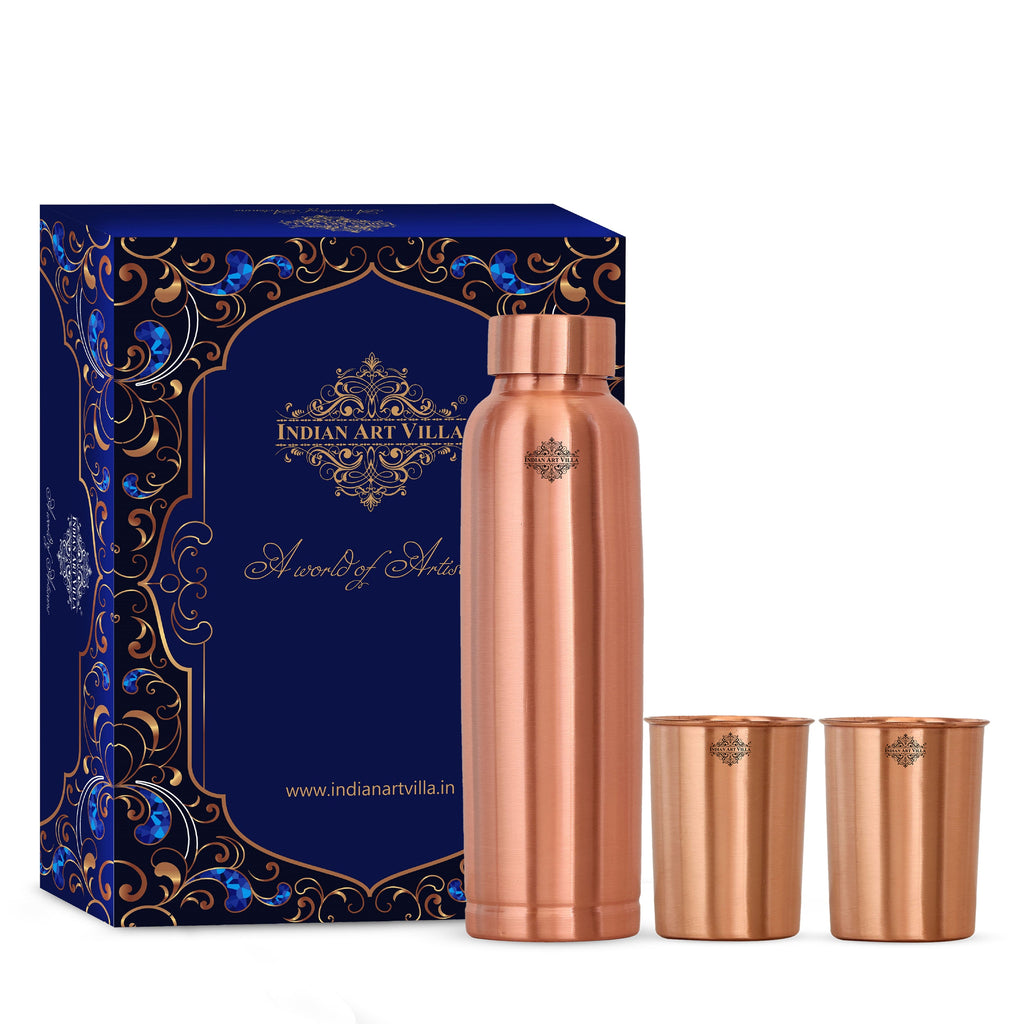 Set Of Pure Copper Matt Finish Lacquer Coated  Water Bottle & 2 Glasses With Blue Gift Box, Drinkware, Bottle : 900ml, Glass: 300ml