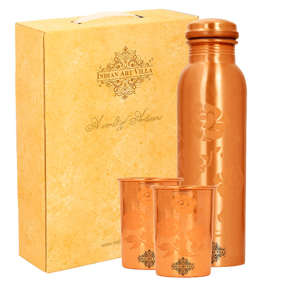 Indian Art Villa Color Changing Copper Bottle With 2 Glass Gift Set, Magic Bottle & 2Glass, Changes Color When Filled With Cold Chilled Water