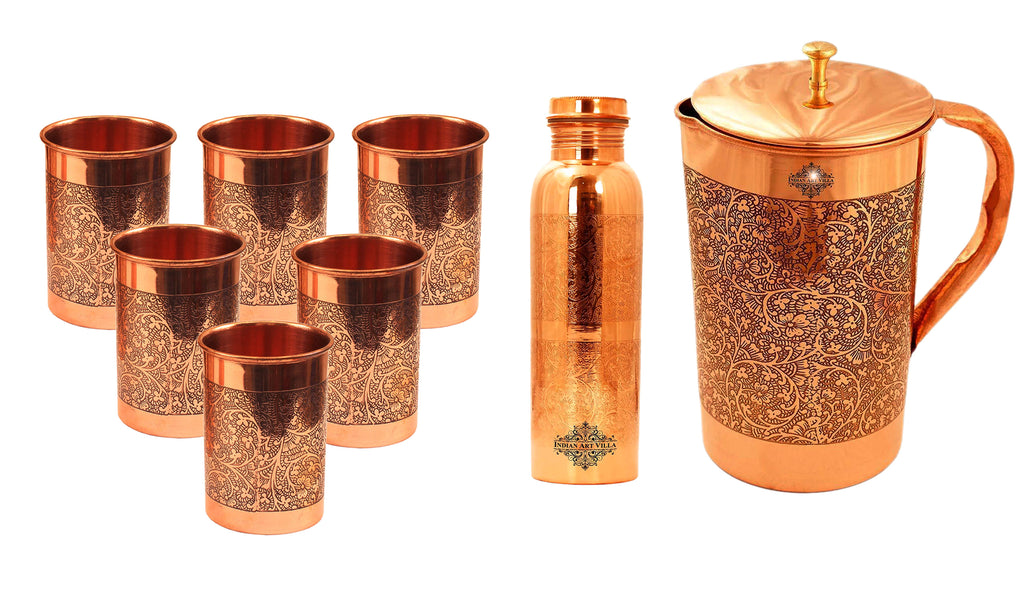 Indian Art Villa Set of Pure Copper Jug, Bottle with 6 glass | Gift Box | Embossed Design | Set of 8