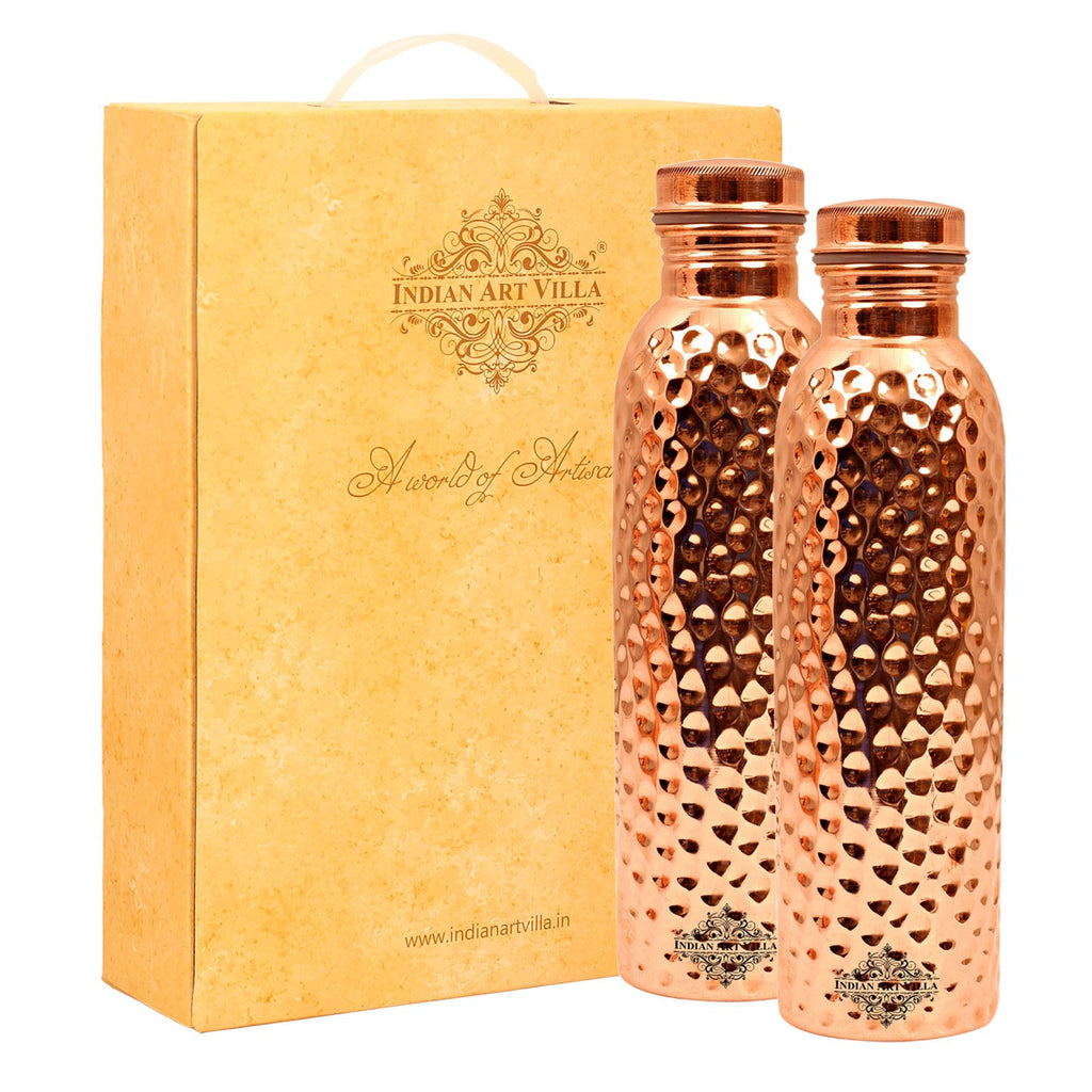 Indian Art Villa Pure Copper Bottle Set of 2, Hammered Design, Diwali Anniversary Party Christmas Gift Set Box