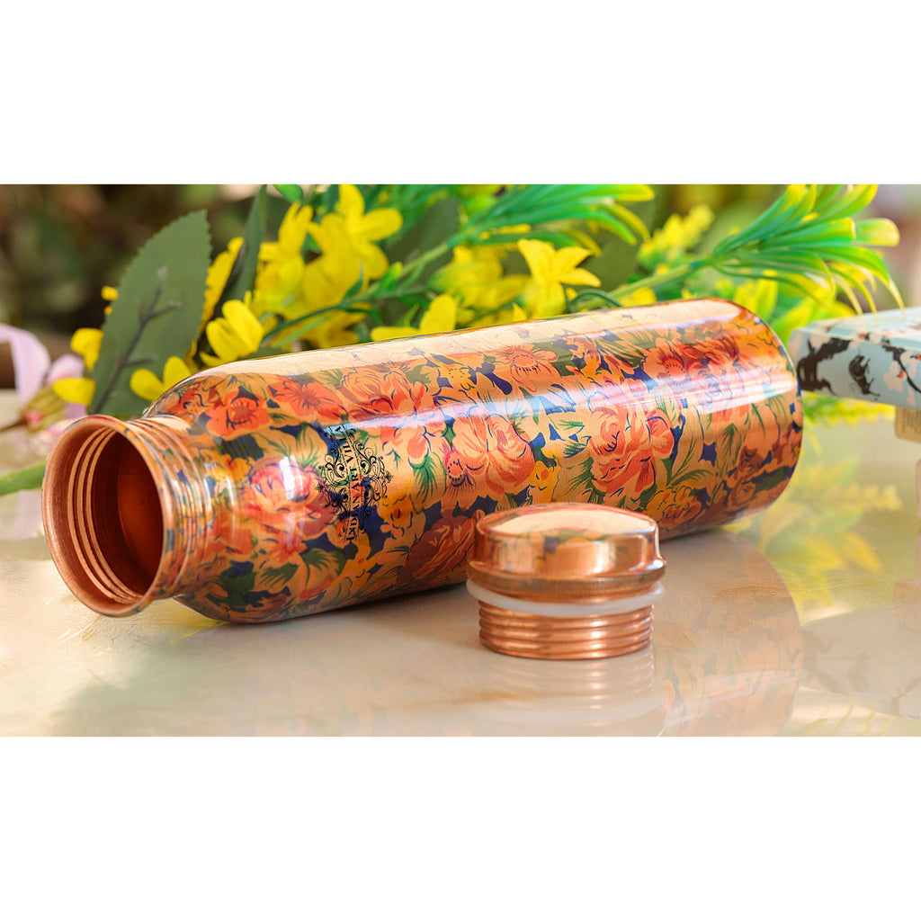 Indian Art Villa Pure Copper Bottle With 2 Glass, Printed Design, Diwali Anniversary Party Christmas Gift Set Box