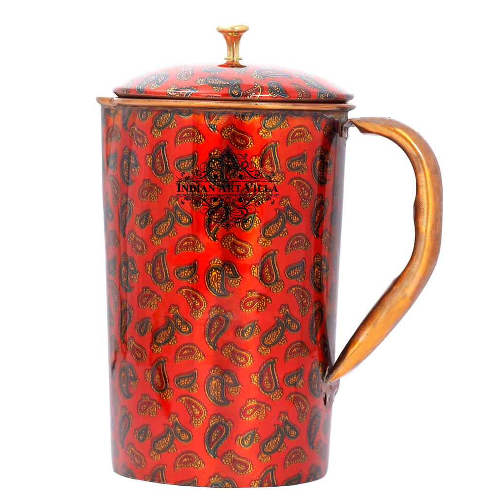 Copper Jug with 2 Glass Gift Box Set, Designer Printed Pitcher, Red