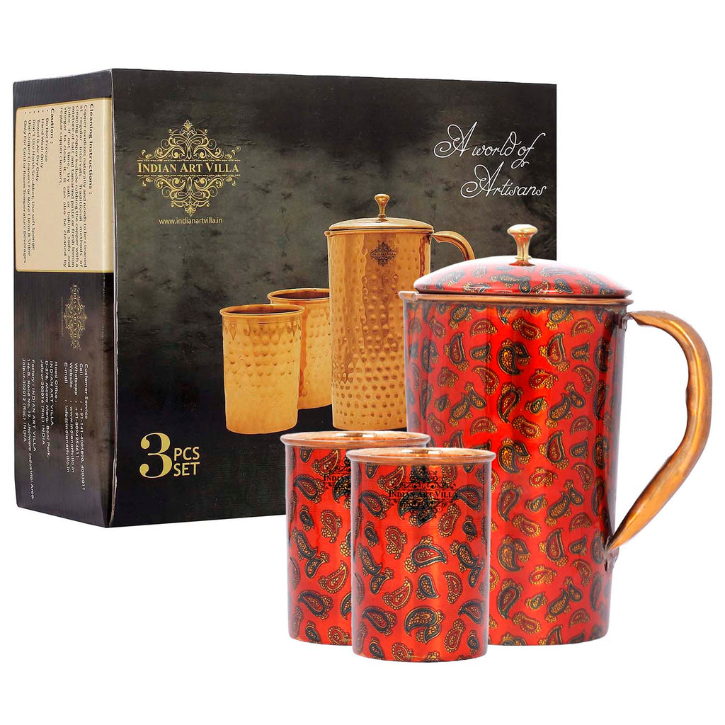 Copper Jug with 2 Glass Gift Box Set, Designer Printed Pitcher, Red