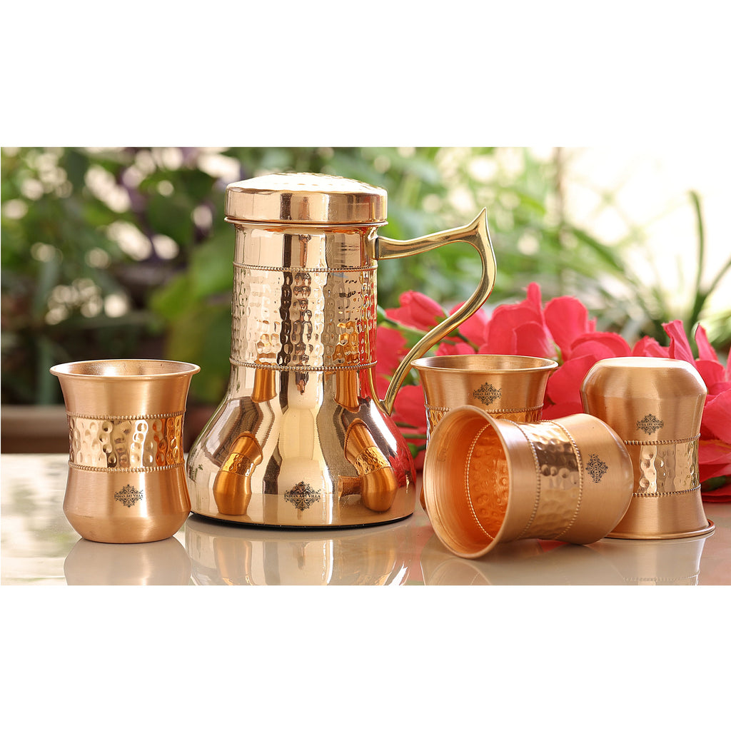 INDIAN ART VILLA Copper Designer Hammered & Smooth Bedroom Bottle With handle and Set of Copper Glasses, Drinkware, Gift Set