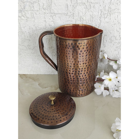 Indian Art Villa Steel Copper Antique Dark Tone Jug and Glass Set with Gift Box, Perfect Copper Drinkware Gift Set.