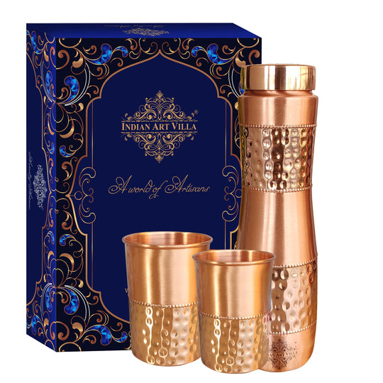 Copper Drinkware Gift Set of 2 Glass and 1 Bottle With Hammered Design