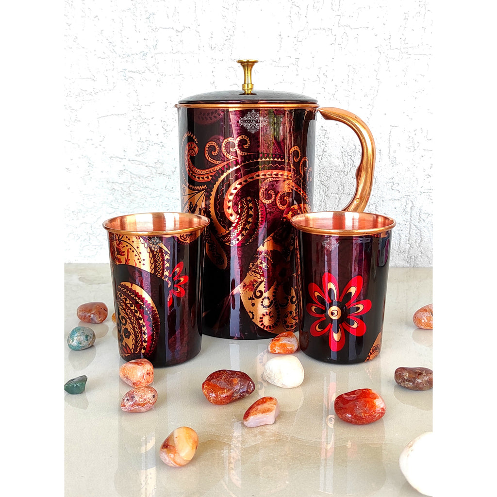 Indian Art Villa Pure Copper Drinkware Gift Set of Black & Brown Paisley Print Jug & Glass, Gift item for Diwali, Bithday & Parties, Jug-1500 ml & Glass-300 ml