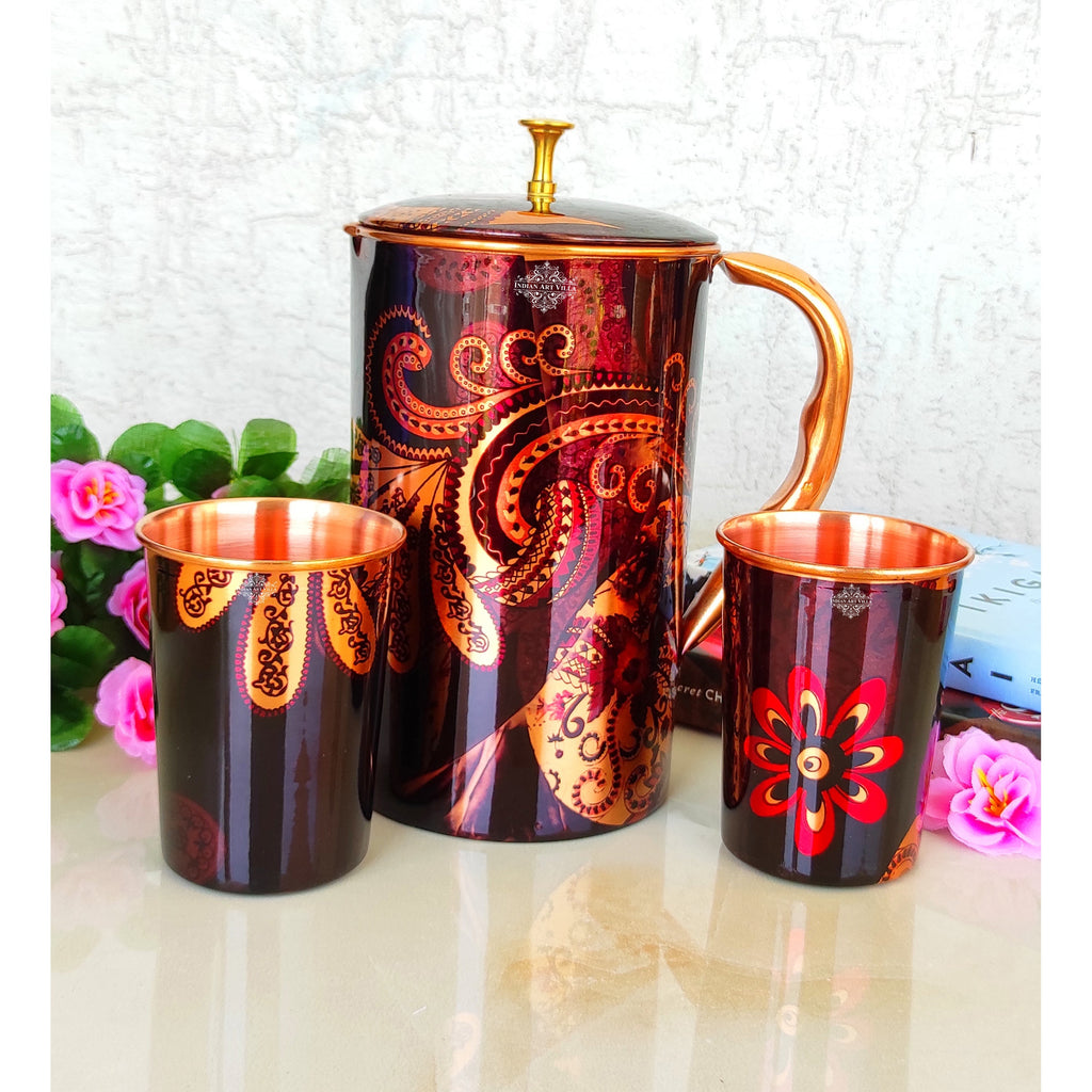 Indian Art Villa Pure Copper Drinkware Gift Set of Black & Brown Paisley Print Jug & Glass, Gift item for Diwali, Bithday & Parties, Jug-1500 ml & Glass-300 ml