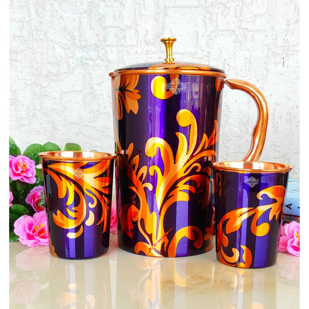 Indian Art Villa Pure Copper Drinkware Gift Set of Leaf Print Design Jug & Glass, Gift item for Diwali, Bithday & Parties, Jug-1500 ml & Glass-300 ml