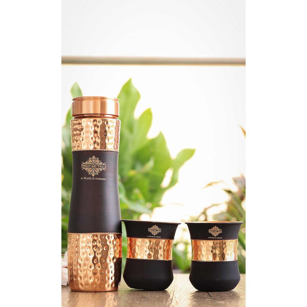 Indian Art Villa Copper Drinkware Gift Set of 2 Glass and 1 Bottle in Black Silk Finish