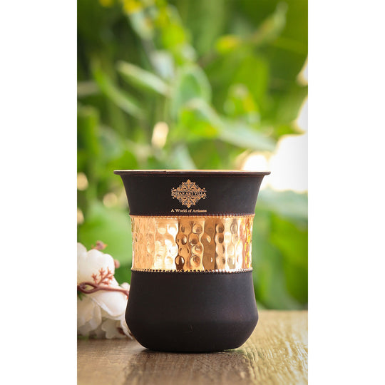 Exquisite copper drinkware set by Indian Art Villa with a hammered texture and black silk finish, perfect for gifting.