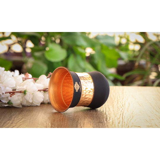 Exquisite copper drinkware set by Indian Art Villa with a hammered texture and black silk finish, perfect for gifting.