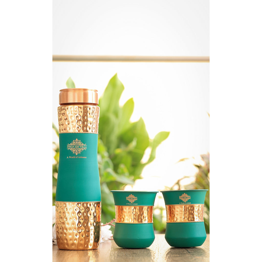 Indian Art Villa Copper Drinkware Gift Set of 2 Glass and 1 Bottle in Green Silk Finish