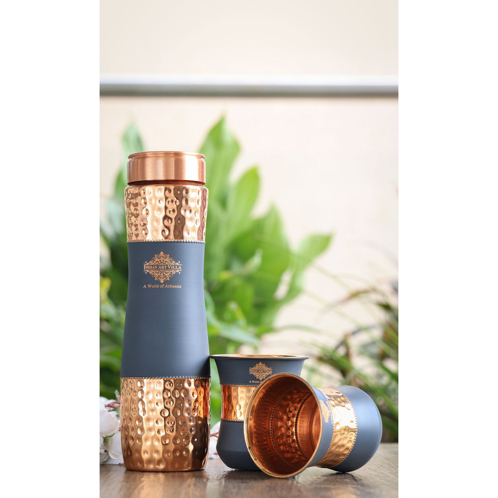 Indian Art Villa Copper Drinkware Gift Set of 2 Glass and 1 Bottle in Grey Silk Finish