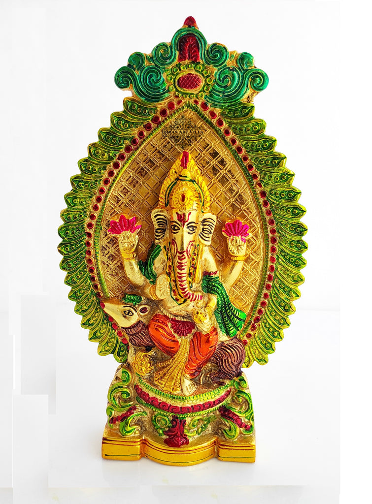 Indian Art Villa Pure Aluminum Lord Ganesha on Rat / Ganesh ji with Mushak | Home Décor | Height:- 10.7" | ,Color - Gold