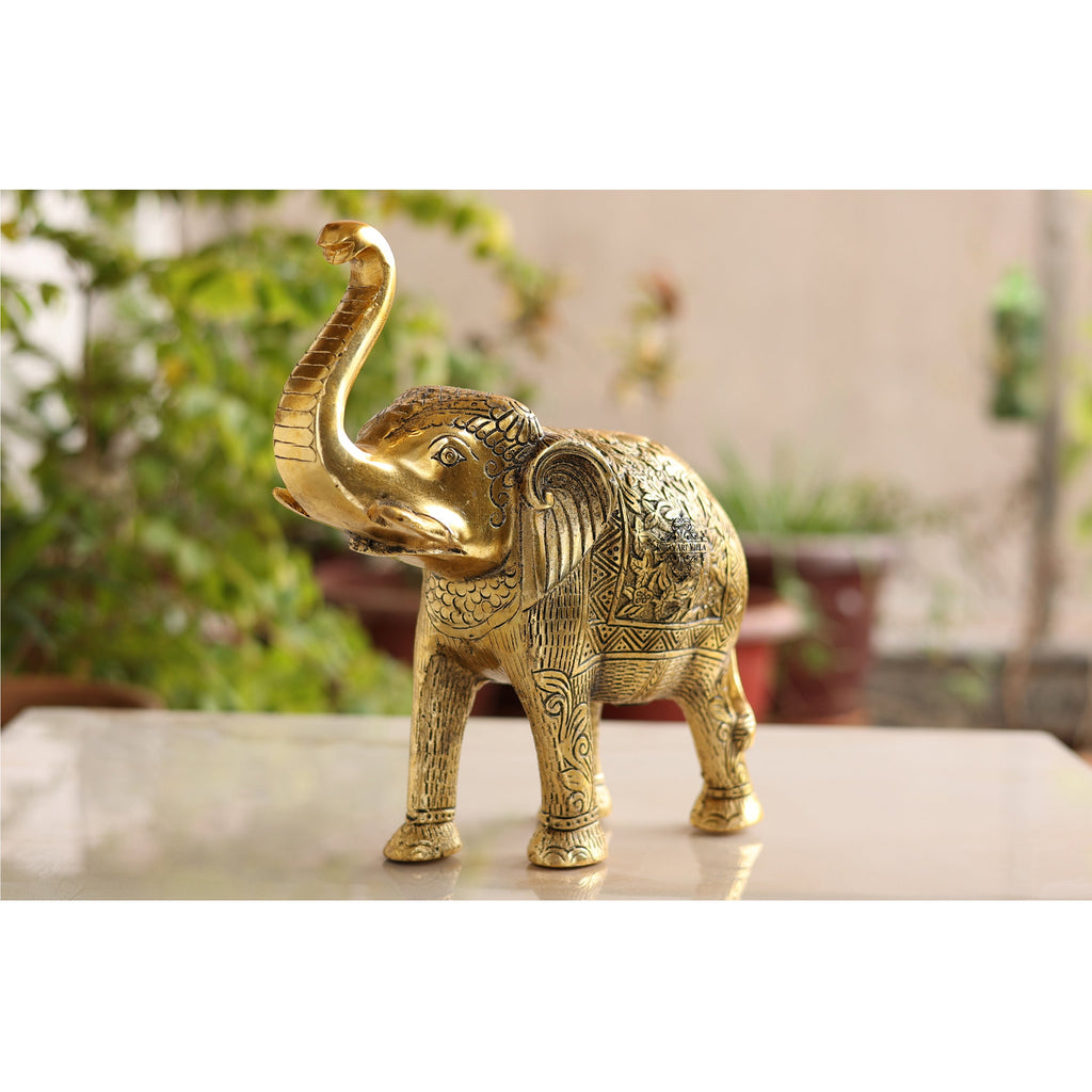 Indian Art Villa Aluminum Elephants With Dark Embossed Brass Finish Design, Home Decor, Room Decor, Handicarft Item & Decor, Color- Golden