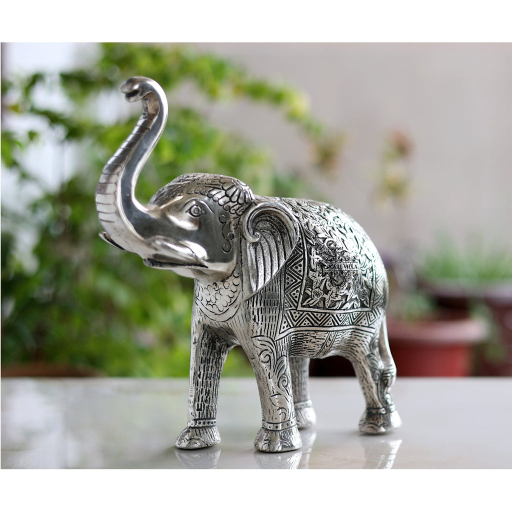 Indian Art Villa Aluminium Elephants With Dark Embosed Silver Finish Design, Home Decor, Room Decor, Handicarft Item & Decor, Color- Silver