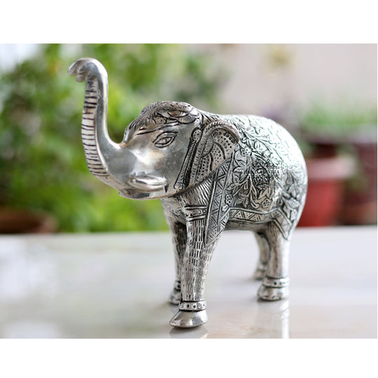 Aluminium elephant showpiece silver finish white background — Indian Art Villa