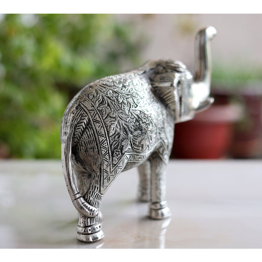 Aluminium elephant showpiece silver finish studio view — Indian Art Villa