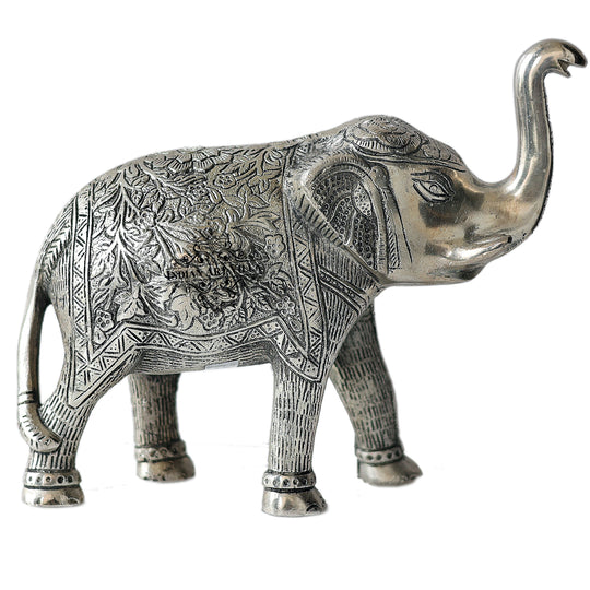Aluminium elephant showpiece silver finish full view — Indian Art Villa