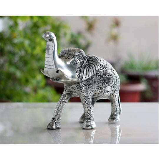 Aluminium elephant showpiece silver finish side view — Indian Art Villa