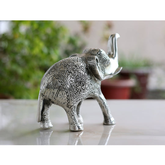 Aluminium elephant showpiece silver finish top view — Indian Art Villa