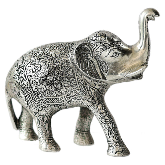 Aluminium elephant showpiece silver finish close-up — Indian Art Villa