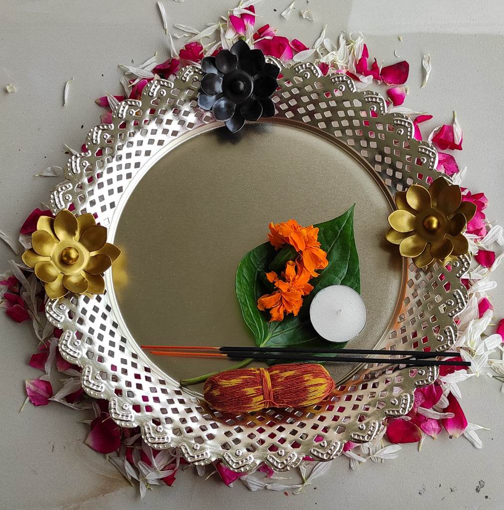 Indian Art Villa Pure Iron With Silver Plating Designer Centerpiece Thali Platter , Puja Thali, Flower Design, 11" Inch