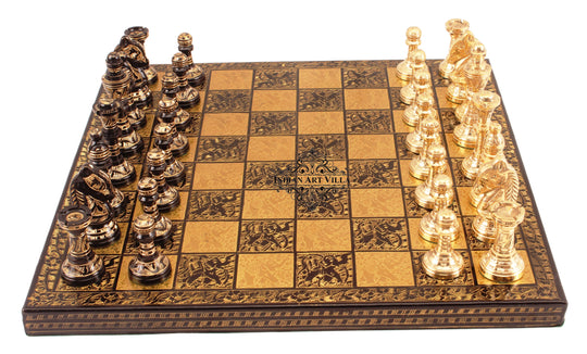 Brass designer chess set all chessmen side view — Indian Art Villa