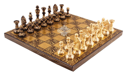 Brass designer chess set chessmen angle view — Indian Art Villa