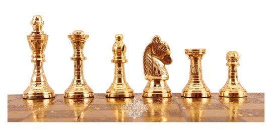 Brass designer chess set chessmen close-up — Indian Art Villa