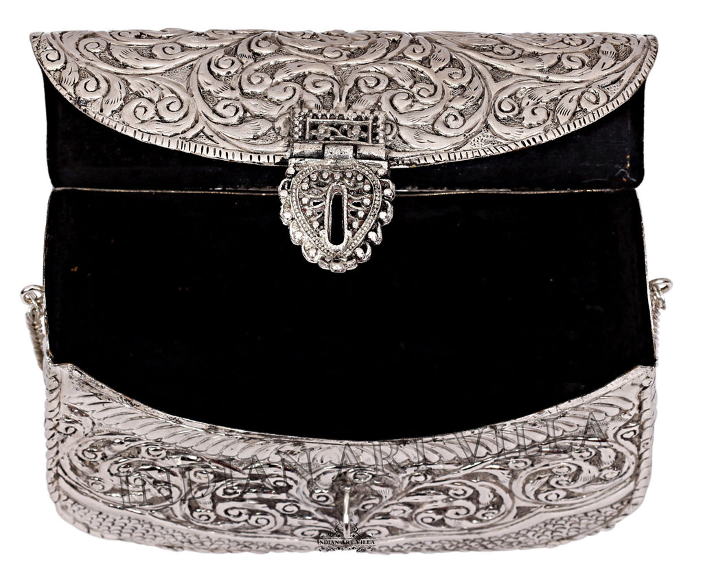 Indian Art Villa Clutch Design Silver Plated Sling Purse, Wedding Party, Side Bag Gift for Women
