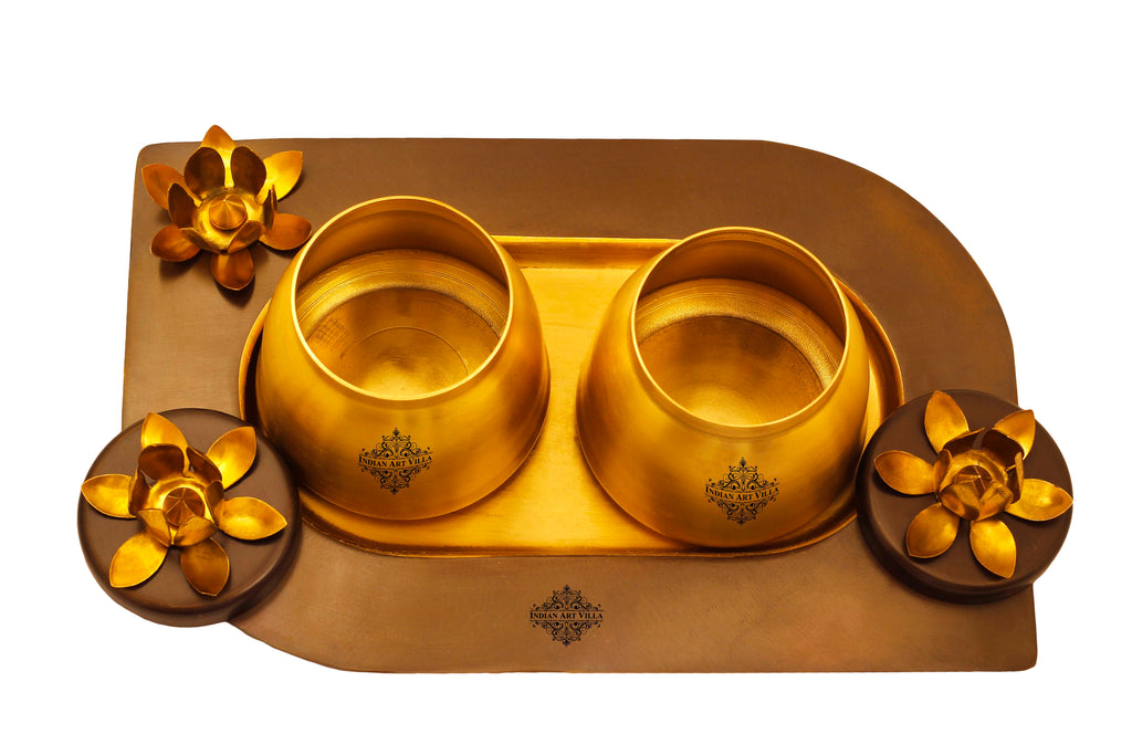 Brass Set of 2 Designer Serving Bowls With Tray, Serveware, Tableware