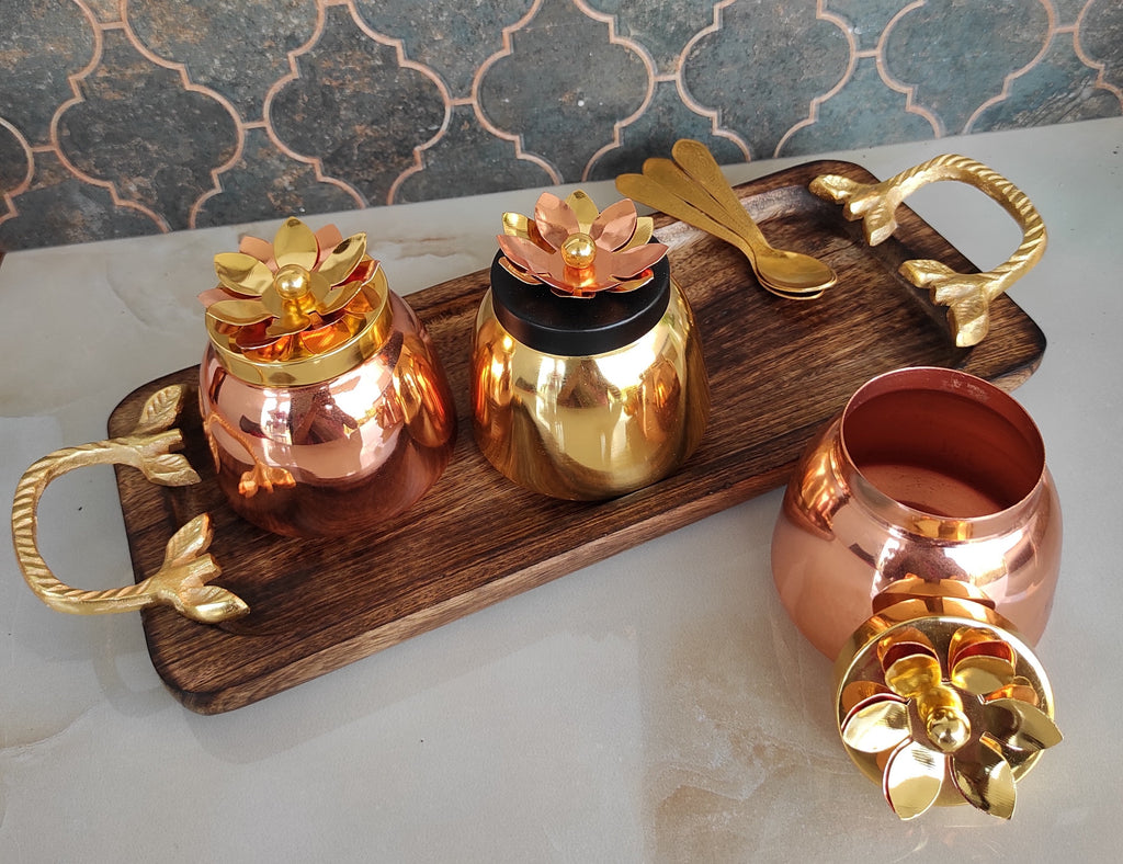 Indian Art Villa Handmade Set of 3 Dry Fruit Box, with 3 spoons & 1 Designer Tray Packed in Red Velvet Box | Serveware | Tableware | Gift Item | Home decor